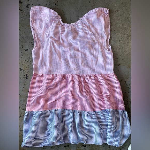 LOFT Swing Dress Size Large Multi Striped Tiered Linen Blend Babydoll Tasseled - Picture 5 of 7